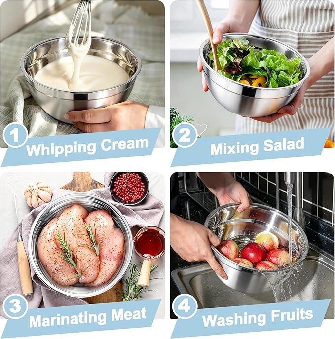 TeamFar Mixing Bowls, Stainless Steel Nesting Salad Bowls with Airtight Lids Set, For Serving/Mixing/Storing, Healthy & Long-lasting, Dishwasher Safe & Easy Clean, 4.6/3 / 1.5 QT, Black - Image 6