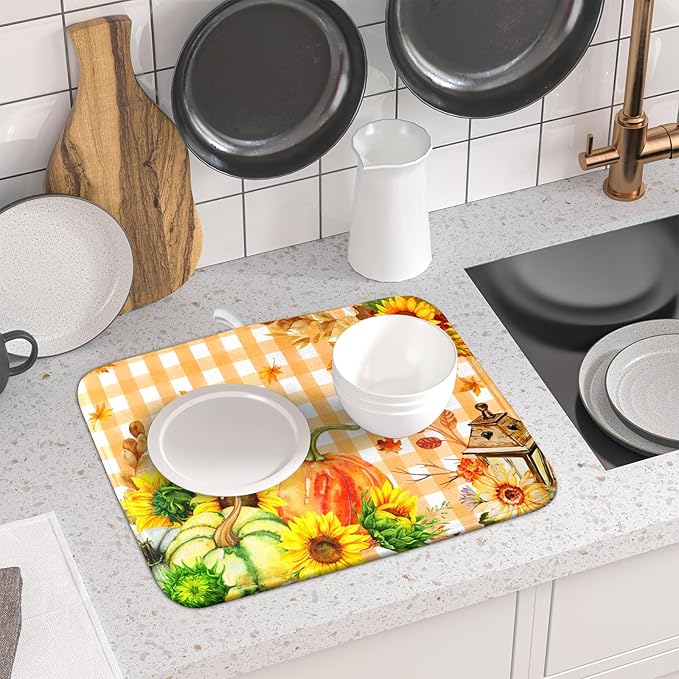 Autumn Maple Leaf Orange White Check Plaids Dish Drying Mat for Kitchen Counter,Fall Sunflower Pumpkin Drying Mat 16 x 18 Inch with Absorbent Reversible Microfiber Dish Drying Pad for Coffee Bar - Image 6