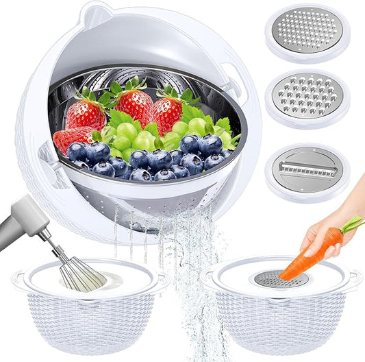 4-1 Colander with Bowl Set - Rotatable Colander for Kitchen(Patented) - Strainers and Colanders - Pasta Strainer with New Upgraded Graters for Fruit Veggie Fun Kitchen Presents - White by UTTKOJ