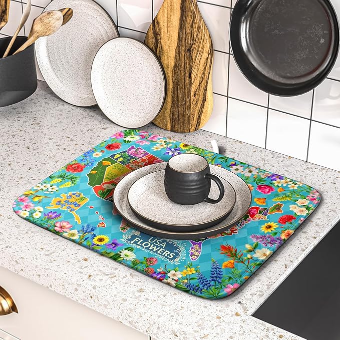 Flower Map Dish Drying Mat American Floral Decoration Coffee Mat for Kitchen Counter - Image 5