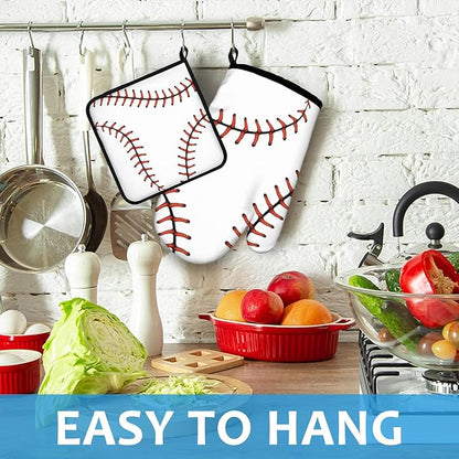 Baseball Oven Mitts and Pot Holders Sets Heat Resistant 4Pcs Potholders Oven Gloves Hot Pads for Kitchen Baking Cooking Grilling BBQ