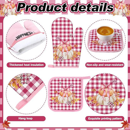 Fanfanwin 10 Pcs Thanksgiving Pumpkin Kitchen Decor Set Pink Kitchen Towels Pot Holders Oven Mitts and Rugs Set for Baking Cooking BBQ Thanksgiving Home Decor
