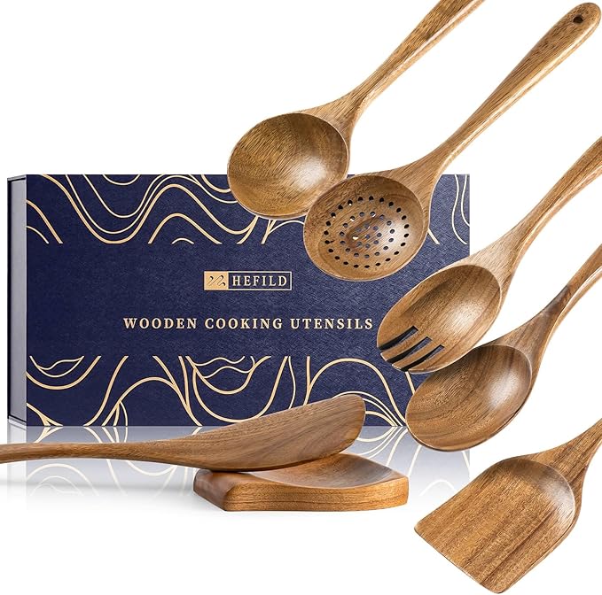 Wooden Spoons for Cooking, Nonstick Cooking Utensil Set with 6 Piece Acacia Wooden Spatulas and Spoons, as well as a Extra Whole Wood Spoon Rest, Terrific for Everyday Kitchen Tasks by HEFILD