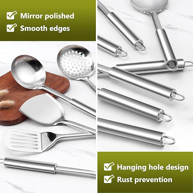 E-far Cooking Utensils Set, 10-Piece Stainless Steel Kitchen Utensils with Holder, Metal Heat Resistant Kitchen Cookware Tool Spatula Set for Cooking, Easy Clean & Dishwasher Safe - Image 8