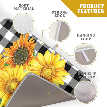 Sunflower Dish Drying Mat for Kitchen Counter Watercolor Black White Plaid Microfiber Absorbent Dish Draining Reusable Washable Foldable Extra Large 18"x24" - Image 4