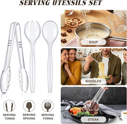 Mwellewm 18Pcs Serving Utensils, 10'' Plastic Serving Utensils Set, Large Disposable Serving Spoons for Buffet, Tongs for Serving Food, Party Supplies for Salad Soup Noodles Dinner Catering(Clear)