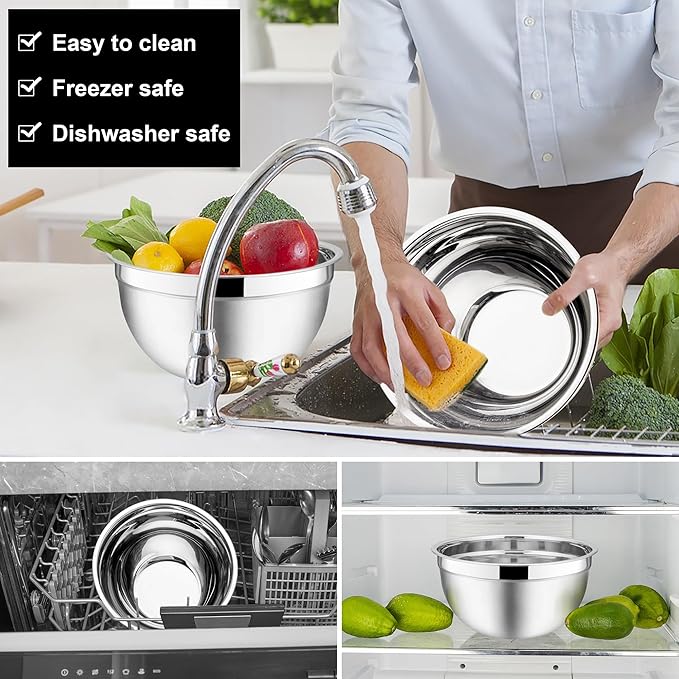E-far Mixing Bowls with Lids, 6-Piece Stainless Steel Salad Bowls Metal Nesting Bowls for Baking Cooking and Prepping, Airtight Lids & Stackable Design, Size 4.5, 3, 1.5 QT (Black) - Image 6