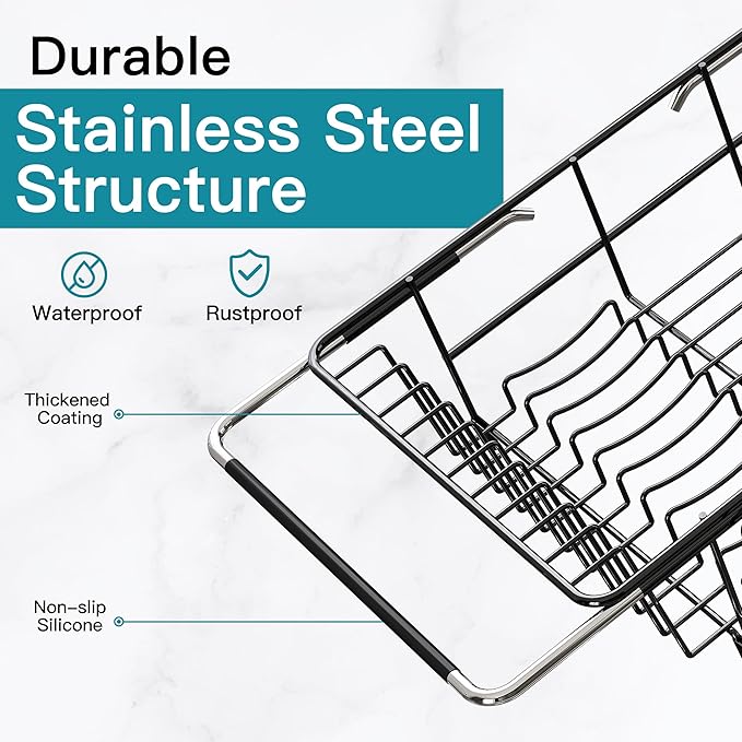 Dish Drying Rack Over the Sink In Stainless Steel Black Expandable Drainer for Small Kitchen, Counter Space Saving Compact Inside Sink Plate Dryer, Adjustable Hanging Metal Wire Strainer Drain Holder - Image 5