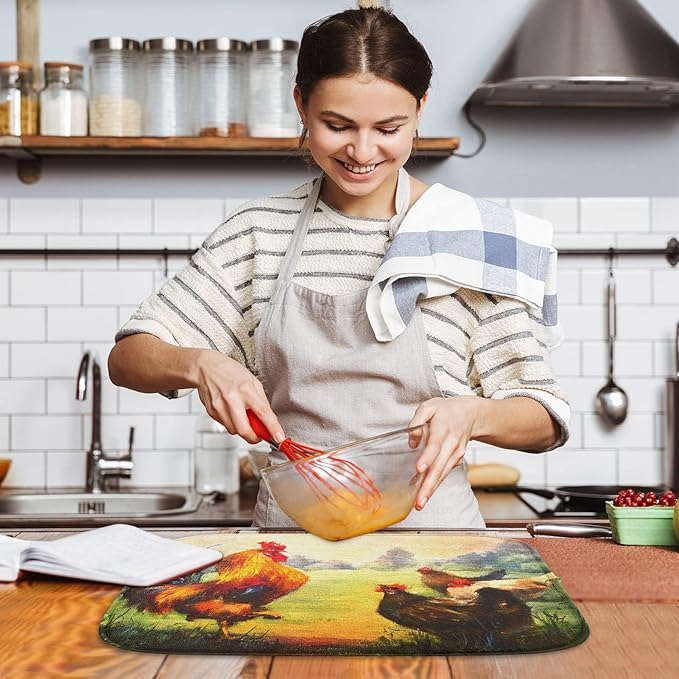 Sanwarm Absorbent Dish Drying Mat, Multicolor Oil Realistic Rooster Chickens Microfiber Pad for Kitchen Counter, Coffee Bar Decor, Heat Resistant and Reversible, 16" x 18"
