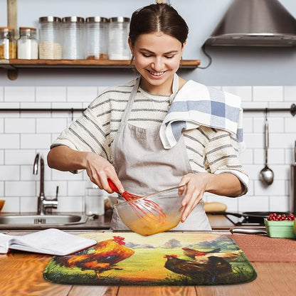 Sanwarm Absorbent Dish Drying Mat, Multicolor Oil Realistic Rooster Chickens Microfiber Pad for Kitchen Counter, Coffee Bar Decor, Heat Resistant and Reversible, 18" x 24"