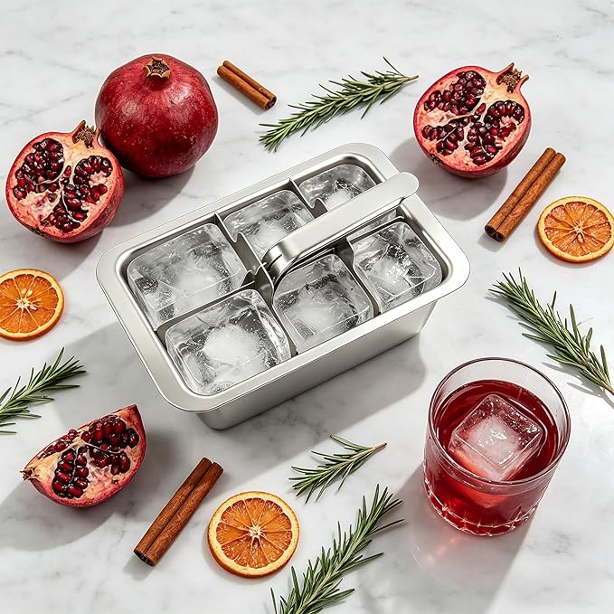 Stainless Steel Ice Cube Tray, Large Ice Cube Trays Mold for Whiskey, Metal Ice Cube Trays for Freezer with Release Lever Remove Handle, Cocktails Whiskey Ice Cubes Mold, Easy Release Large Ice Cubes