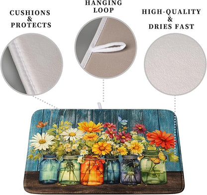 Daisy Dish Drying Mat for Kitchen Counter 18x24 Inch Rustic Vintage Flower Vases Drying Mats Microfiber Absorbent Dishes Drainer Mats Farmhouse Floral Wooden Board Dish Rack Pad - Image 3