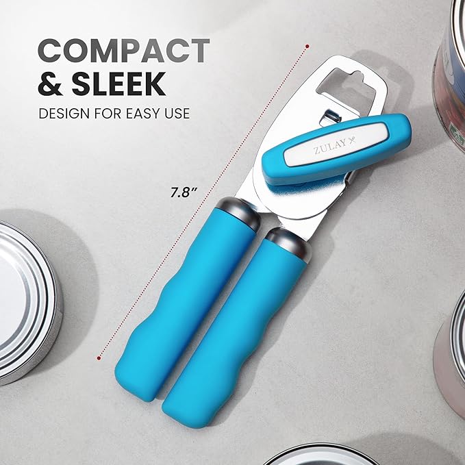 Zulay Kitchen Heavy Duty Stainless Steel Can Opener Manual with Bottle Opener - Rust Proof Manual Can Opener With Turn Knob & Comfy Soft Grip Handles - Aqua - Image 2