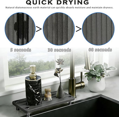 2PCS Instant Dry Sink Caddy for Bathroom Counter, Durable Kitchen Sink Organizer, Diatomite Stone Drying Tray, Upgrade Water Absorbing Stone Tray for Sink, Anti-Slip Stone Soap Tray -Dark Gray