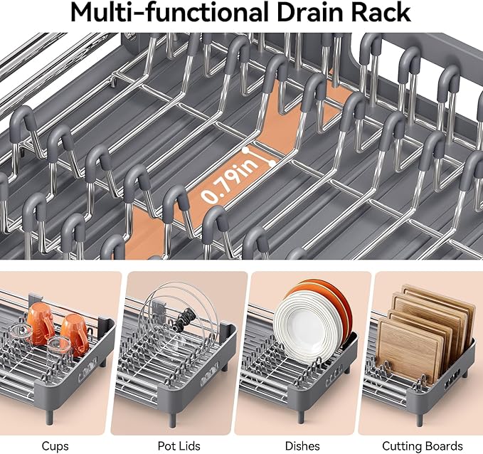 Urackify Stainless Steel Dish Drying Rack - Dish Drainer for Kitchen Counter, Extendable Drainboard with Foldable, Space-Saving Cup & Bowl Organizer, Includes Knife and Utensil Holder, Gray - Image 4