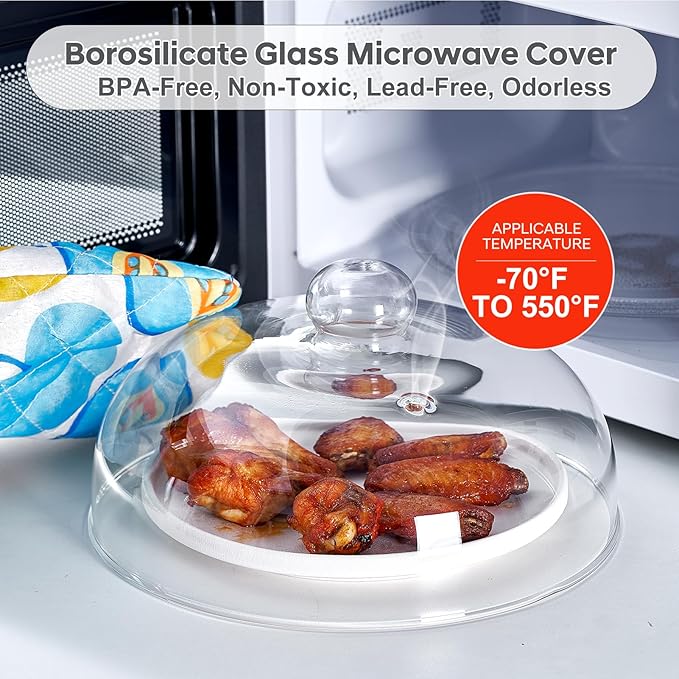 10 Inch Borosilicate Glass Microwave Splatter Cover for Food, All Glass Tall Splatter Guard Microwave Plate Light Serving Dish Covers Lid with Handle for Heating Food