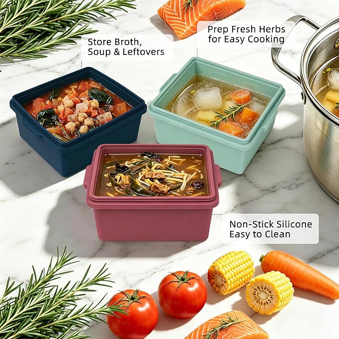 Silicone Soup Freezer Molds with Lids, 2 Cup Extra Large Ice Cube Tray for Meal Prep, BPA-Free, Stackable,Perfect for Freezing Broth, Leftovers, Baked Goods and More, Microwave & Oven Safe - 3 Pack