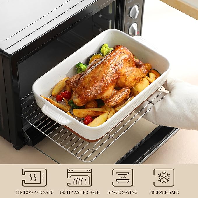 MALACASA Baking Dish with Rack, 4.8 Qt Ceramic Roasting Pan with Stainless Steel Drip Rack, 9x13 Inch Deep Casserole Dish with Handles, Oven Safe Lasagna Pan for Baking & Serving (Khaki & White) - Series Tara - Image 4