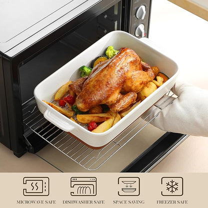 MALACASA Baking Dish with Rack, 4.8 Qt Ceramic Roasting Pan with Stainless Steel Drip Rack, 9x13 Inch Deep Casserole Dish with Handles, Oven Safe Lasagna Pan for Baking & Serving (Khaki & White) - Series Tara - Image 4