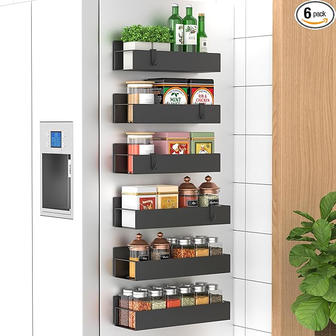 HuggieGems 6 Pack Magnetic Spice Storage Rack Organizer for Refrigerator and Oven, Black Fridge Organizers and Storage by HuggieGems
