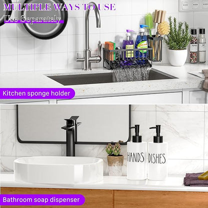 MASADI Kitchen Dish Soap Dispenser Set with Sponge Holder, 12OZ Glass Bottle, Hand and Dish Soap Dispenser Set, Non-Slip Silicone Pad, Brush Holder, Kitchen Sink Organizer Countertop (Black+White) - Image 6