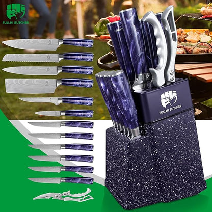 FULLHI 14pcs Block Knife Set, Chef's Knife Steak Knives Set with Block and Sharpener, Kitchen Knife Set, Multi-colour Handle, Gifts for Men Women