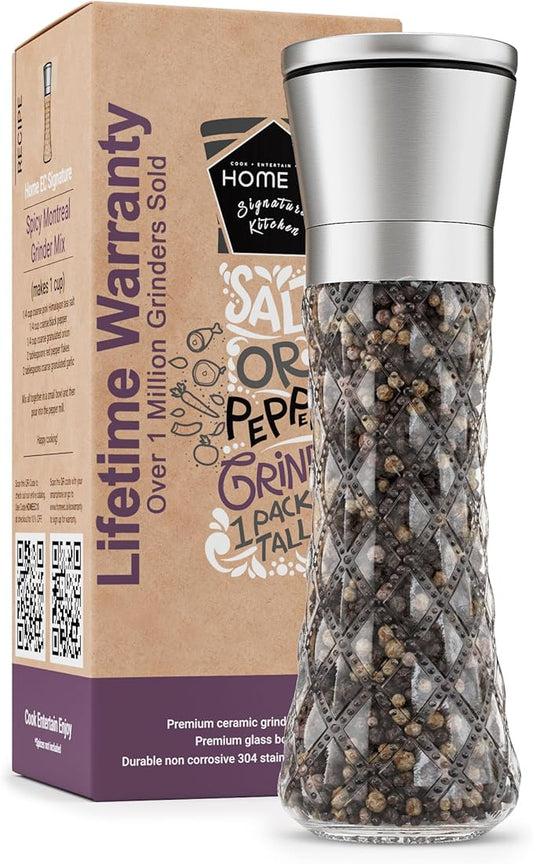 HOME EC Original Stainless Steel Salt or Pepper Grinder 1pk - Adjustable Ceramic Sea Salt Grinder or Pepper Mill - Tall Glass Spice Shaker - Spice Mill (Diamond Facet) by HOMEEC