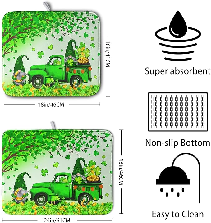 St Patrick's Day Shamrock Dish Drying Mat for Kitchen Counter Green Gnome Truck Dish Dry Mat St Patrick Spring Drying Mats Microfiber Absorbent Dish Drainer Rack Mat Large 18x24 Inch - Image 2