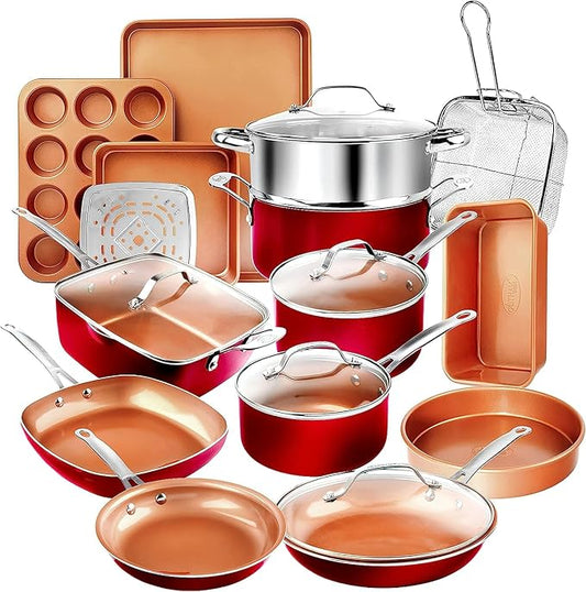 Gotham Steel 20 Pc Pots and Pans Set Nonstick Cookware + Bakeware Set, Complete Ceramic for Kitchen, Non Stick with Lids, Dishwasher / Oven Safe, Toxic - Red by GothamSteel