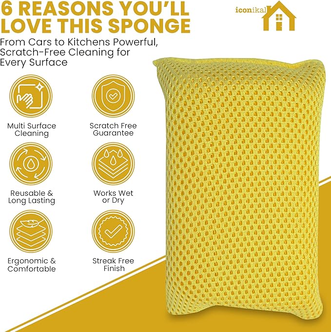 Iconikal 6-Pack Bug Scrubber Sponge 5.9x3.5-Inch Yellow Microfiber Large Car Wash Reusable for Paint Chrome Glass RV Motorcycle Cleaning - Image 2