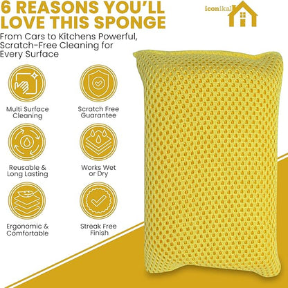 Iconikal 6-Pack Bug Scrubber Sponge 5.9x3.5-Inch Yellow Microfiber Large Car Wash Reusable for Paint Chrome Glass RV Motorcycle Cleaning - Image 2