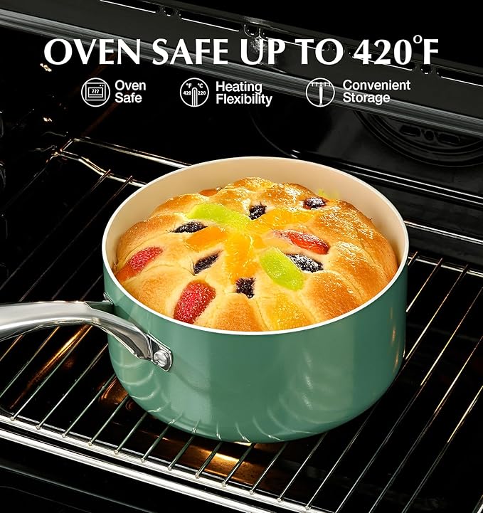 KOCH SYSTEME CS Nonstick Sauce Pan with Lid 1QT, 2QT & 3QT, Ceramic Saucepan Set 6Pcs, Non-Toxic Saucepan Set, Cooking Pots Set, Oven Safe & Induction Compatible, Green - Image 8