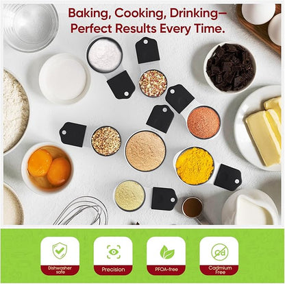 Magnetic Measuring Cups & Spoons Set|304 Stainless Steel Dual Scale Set of 15, Strong N52 Magnetic Nesting Design with Leveler, for Dry&Liquid Ingredients, Dishwasher Safe(Black) - Image 4