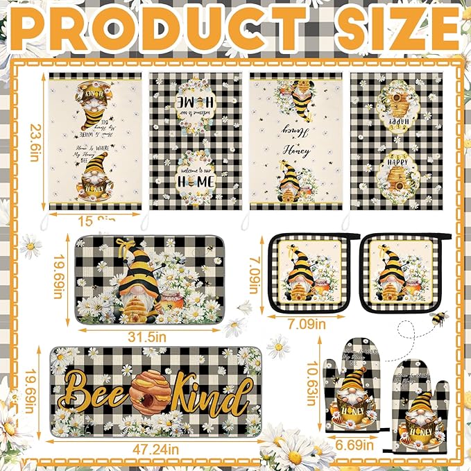 Fourluoo 10 Pcs Bee Kitchen Decor Set 4 Kitchen Towels 2 Pot Holders 2 Oven Mitts 2 Rugs Daisy Decorations for Cooking Baking Mom Housewarming Gifts - Image 3