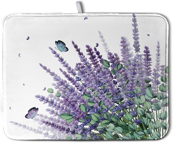 Purple Lavender Dish Drying Mat for Kitchen Counter, 18 x 24 Purple Floral Microfiber Dish Drainer Mats, Absorbent Reversible Microfiber Dish Mat, Butterflies Flowers Kitchen Drying Mats for Dishes by Kwlegh