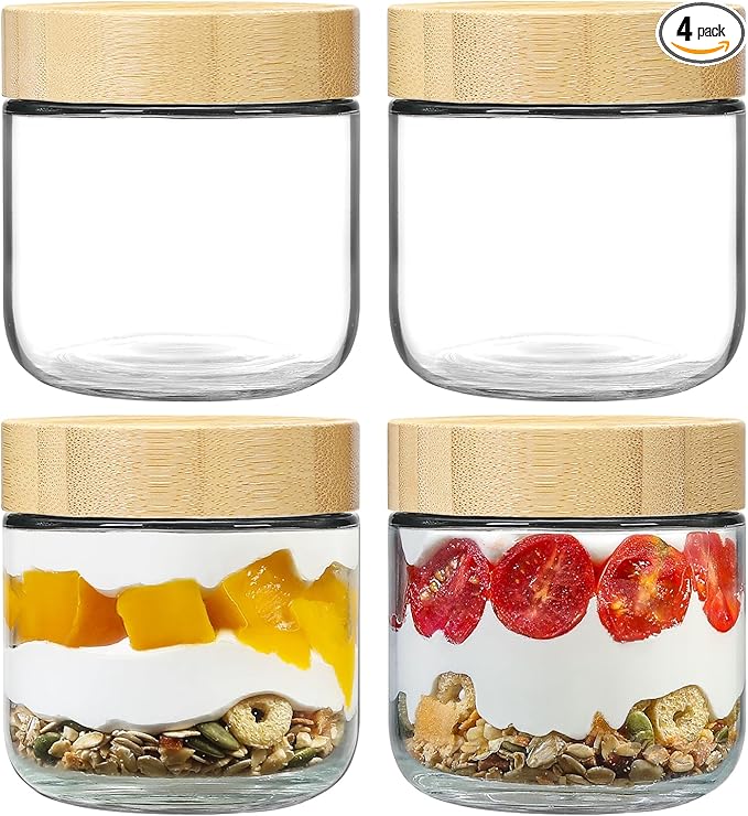 NETANY 4-pack 10oz Glass jars with Airtight Lids, Overnight Oats Containers with Bamboo Lids, Wide mouth Mason Salad jars, Glass Food Storage Containers for Snacks Yogurt Spice Sugar by NETANY