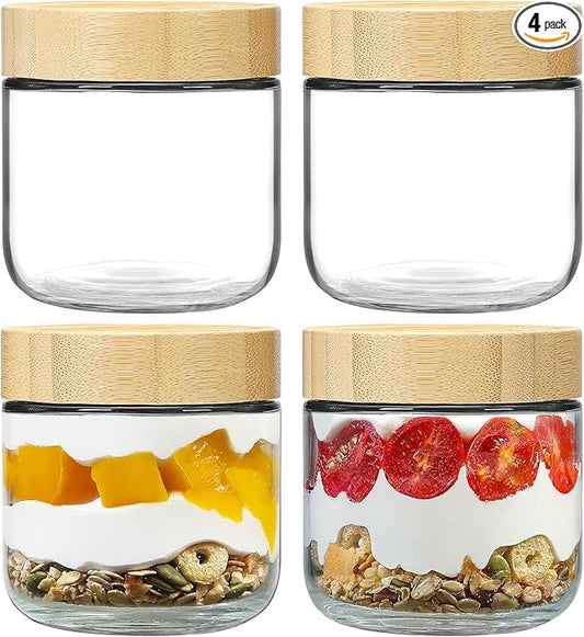 NETANY 4-pack 10oz Glass jars with Airtight Lids, Overnight Oats Containers with Bamboo Lids, Wide mouth Mason Salad jars, Glass Food Storage Containers for Snacks Yogurt Spice Sugar by NETANY