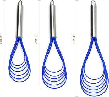 Flat Whisk Set,Stainless Steel 3 Pack 10''+11''+12'' Premium Sturdy-6 Silicone Heads Non Stick Wires Whisk for Blending Beating Stirring Kitchen Cooking by Jell-Cell (Blue) - Image 4