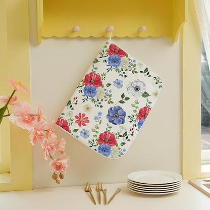 Blue Red Floral Dish Drying Mats 18x24 Inch Independence Day Flower Drying Mats 4th Of July Outdoor Decorations Absorbent Memorial Day Drying Dish Mats for Kitchen Dining Room Counter Decor