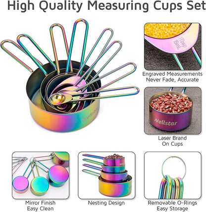 WELLSTAR Measuring Cups and Spoons Set of 8, Food Grade 18/8 Stainless Steel Measure set for Dry Liquid Measurement, Rainbow Titanium Coated Kitchen Gadgets for Cooking Baking, 4 Cup and 4 Spoon