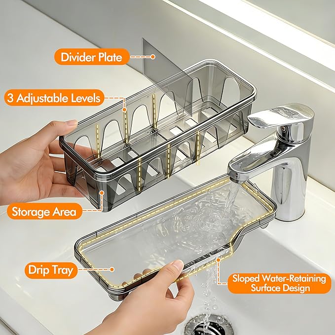 Kitchen Sink Sponge Holder, Sink Caddy Organizer with Compartments, Self-Draining and Easy-Clean Design, Sink Caddy for Kitchen Sink, Bathroom, Vanity, Countertop Storage, Kitchen Sink Caddy Organizer - Image 3