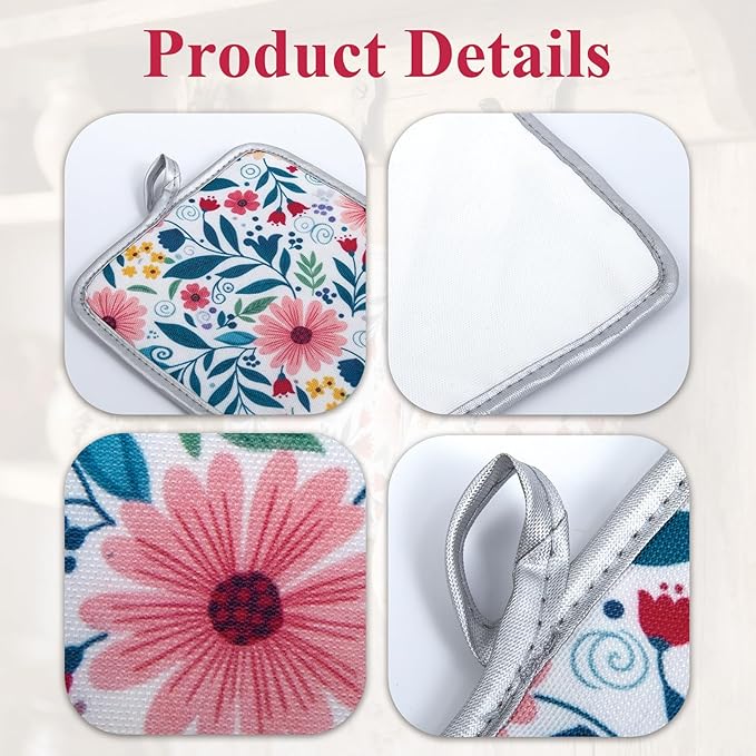 Floral Oven Mitts and Pot Holders Sets 2 Pcs, Canvas Heat Resistant Kitchen Mittens with Hot Pads, Vintage Farmhouse Country Decor, Non-Slip Cooking Baking Grilling Gifts for Women Mom (Flower2)