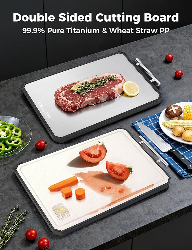Titanium Cutting Board for Kitchen, Double Sided Non Toxic Titanium Cutting Board with JUICE GROOVE, Food-Grade Metal Chopping Board, Pure Titanium&Wheat Straw PP, Dishwasher Safe16.3”×11”-1 PC - Image 2