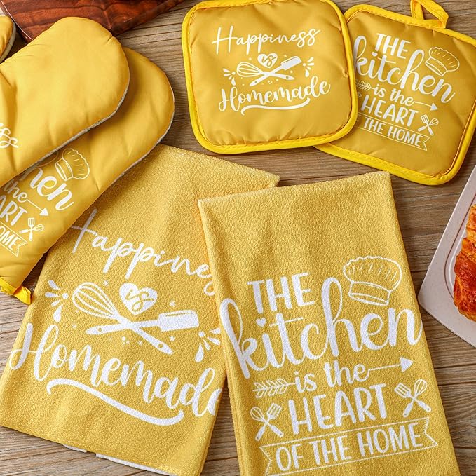 Sratte 6 Pcs Kitchen Decor Accessories Set Farmhouse Towels Pot Holders Oven Mitts Set 2 Dish Towels 2 Potholders 2 Cooking Mittens Oven Glove for Christmas Baking Cooking Supply(Yellow,Kitchen) - Image 3