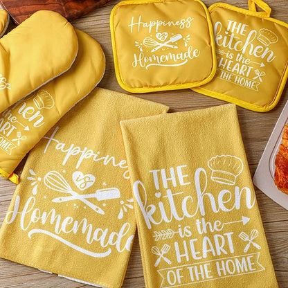 Sratte 6 Pcs Kitchen Decor Accessories Set Farmhouse Towels Pot Holders Oven Mitts Set 2 Dish Towels 2 Potholders 2 Cooking Mittens Oven Glove for Christmas Baking Cooking Supply(Yellow,Kitchen) - Image 3