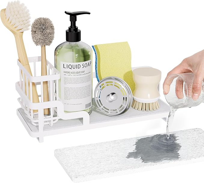 Consumest Sponge Holder for Kitchen Sink - Sink Caddy Organizer with Water Absorbing Stone Tray, Detachable Brush Holder, Stainless Steel Kitchen Counter Organizer Rack, White by Consumest