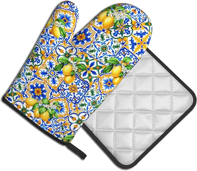 Lemon Oven Mitts - Summer Kitchen Mitts Pot Holders Teal Blue and Yellow Hot Mitts Boho Floral Hot Pads Sets of 2 for Cooking Baking Grilling - Image 2