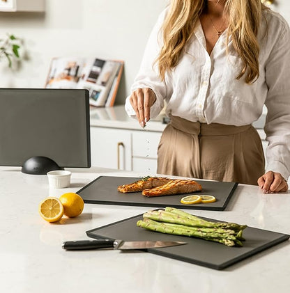 SMIRLY Plastic Cutting Board Set with Holder 3 Pieces, Non-Slip Dishwasher Safe Chopping Boards for Kitchen, Dark Grey - Image 6