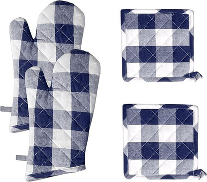 Native Fab Buffalo Plaid Check Oven Mitts and Pot Holders Set of 4, 100% Cotton Heat Resistant Kitchen Gloves, 2 Oven Mitts (7x13), 2 Pot Holders (8x8) for Cooking & Baking, Navy White by NativeFab