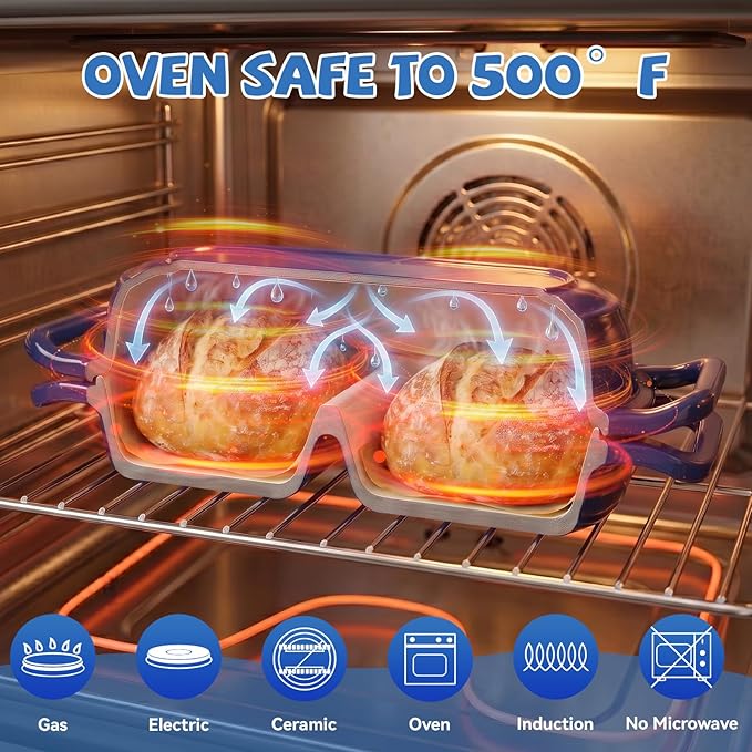 Double Dutch Oven Pot with Lid, Enameled Cast Iron Bread Loaf Pan, Dutch Oven For Sourdough Bread Baking, 500°F Oven Safe Non Stick Dual Round Bread Pan, 16.5cm Diameter Loaf Pans, Blue